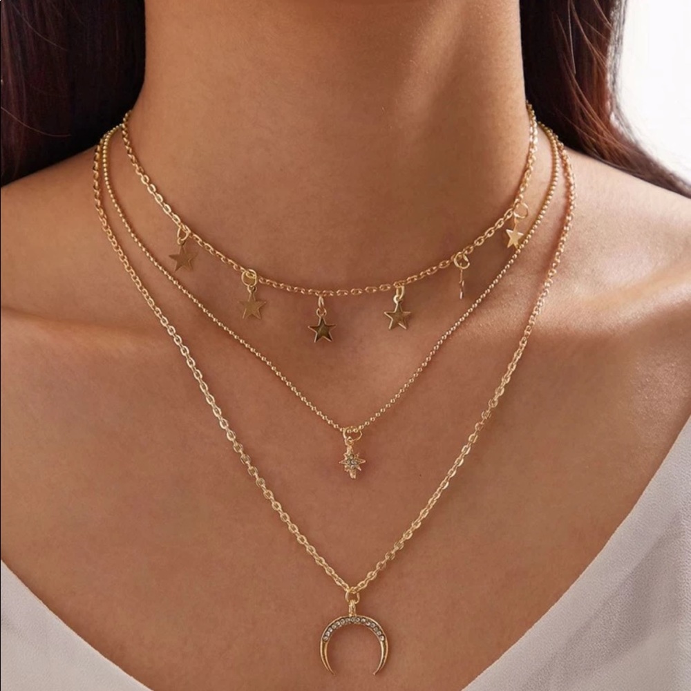 Rhinestone Star & Moon Layered Necklace - Picture 1 of 4